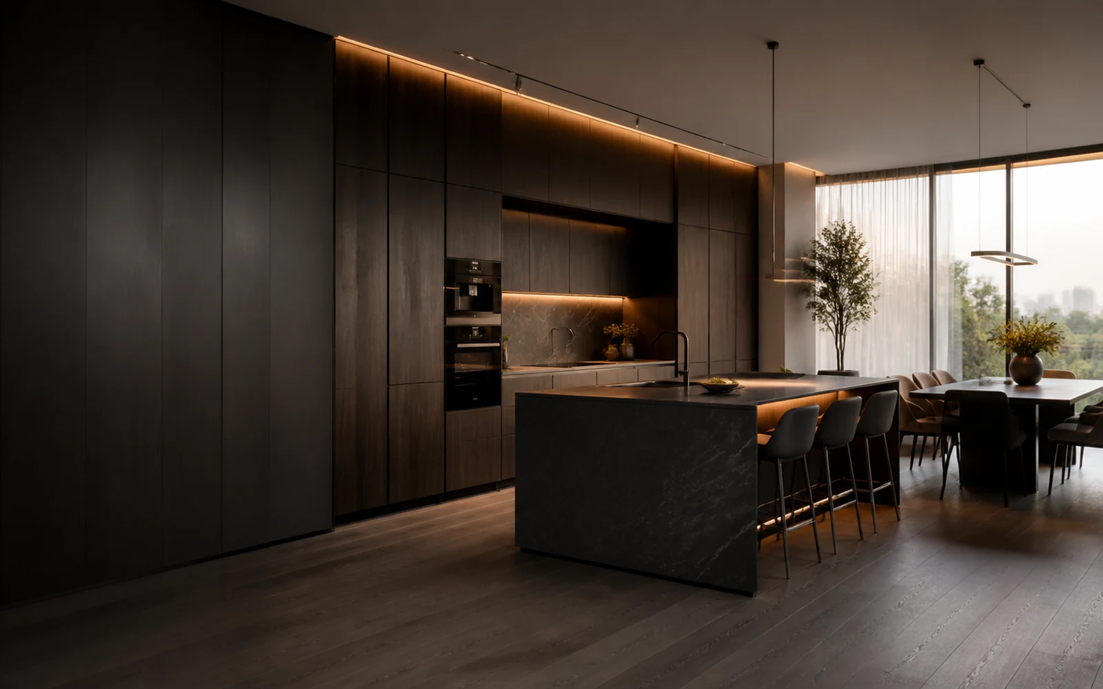 Современная кухня GUSTAS HOME с островом и встроенной мебелью