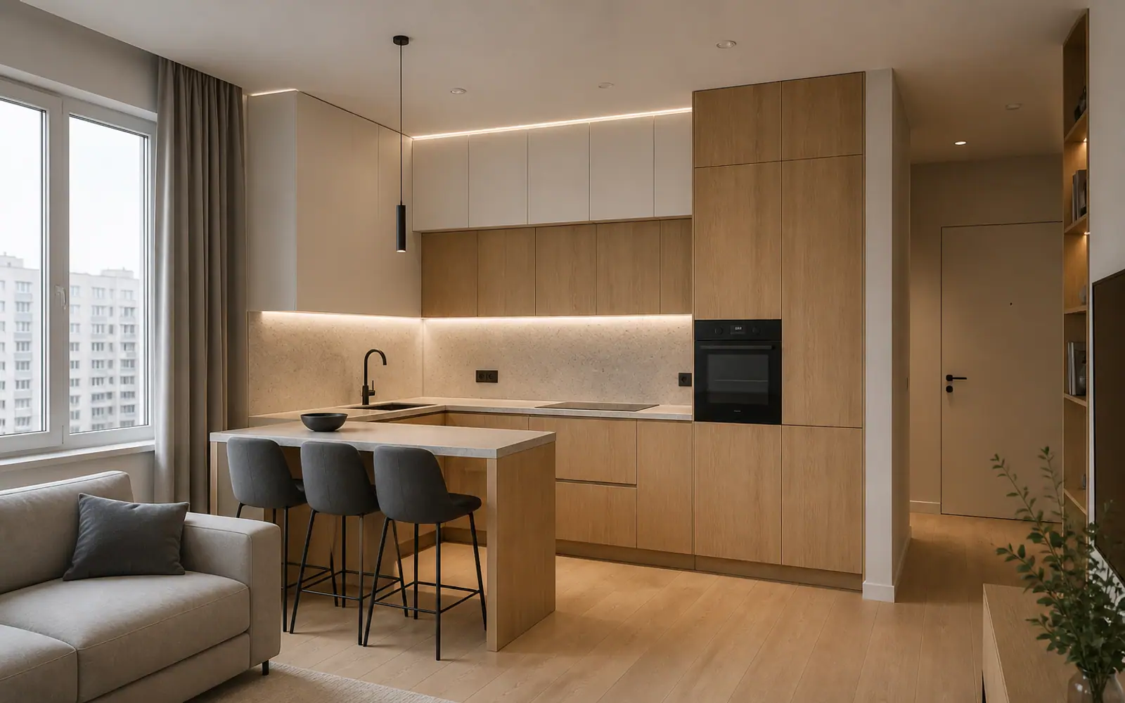 Проектная концепция: светлая кухня-гостиная с полуостровом GUSTAS HOME