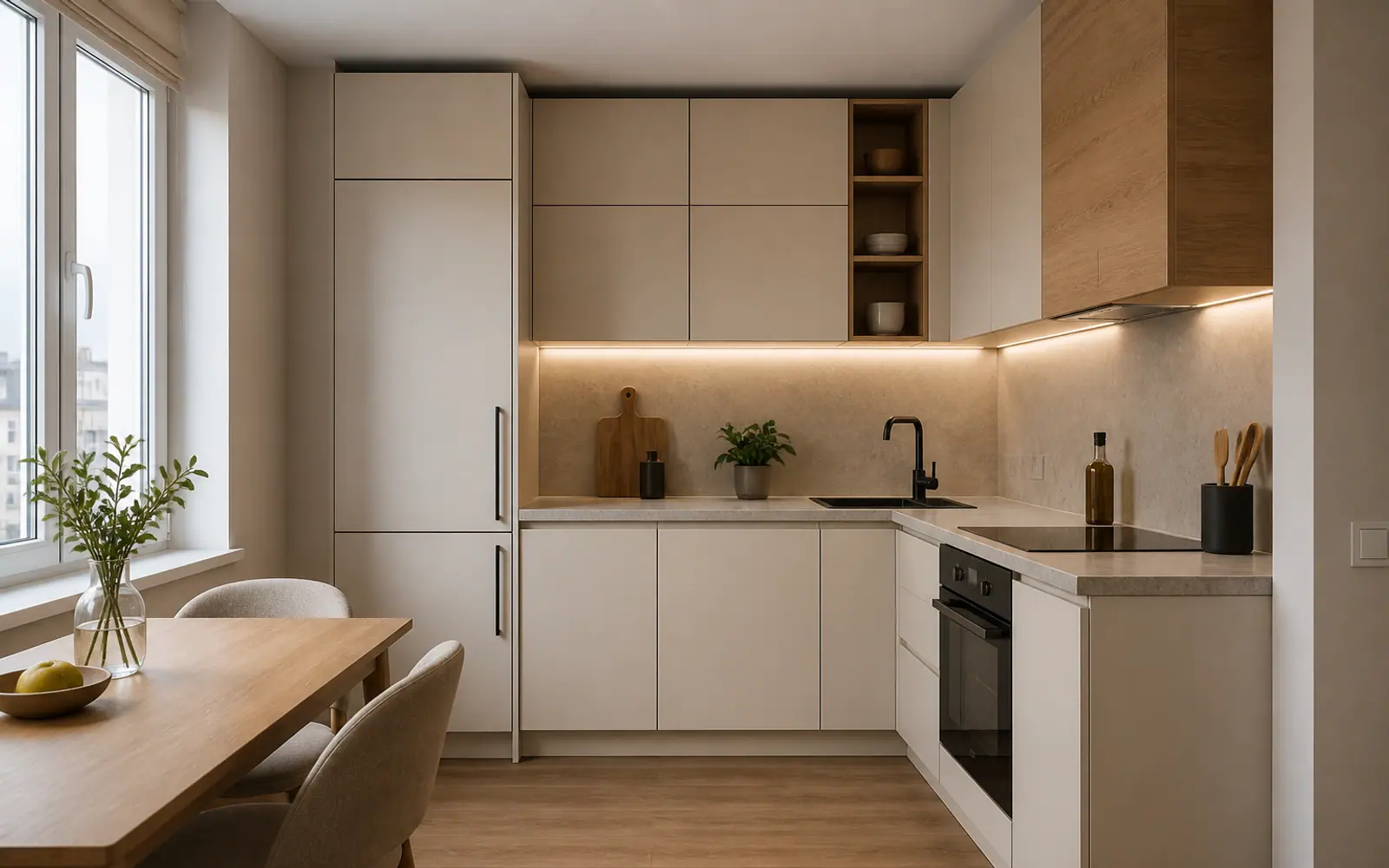 Проектная концепция: компактная угловая кухня у окна GUSTAS HOME