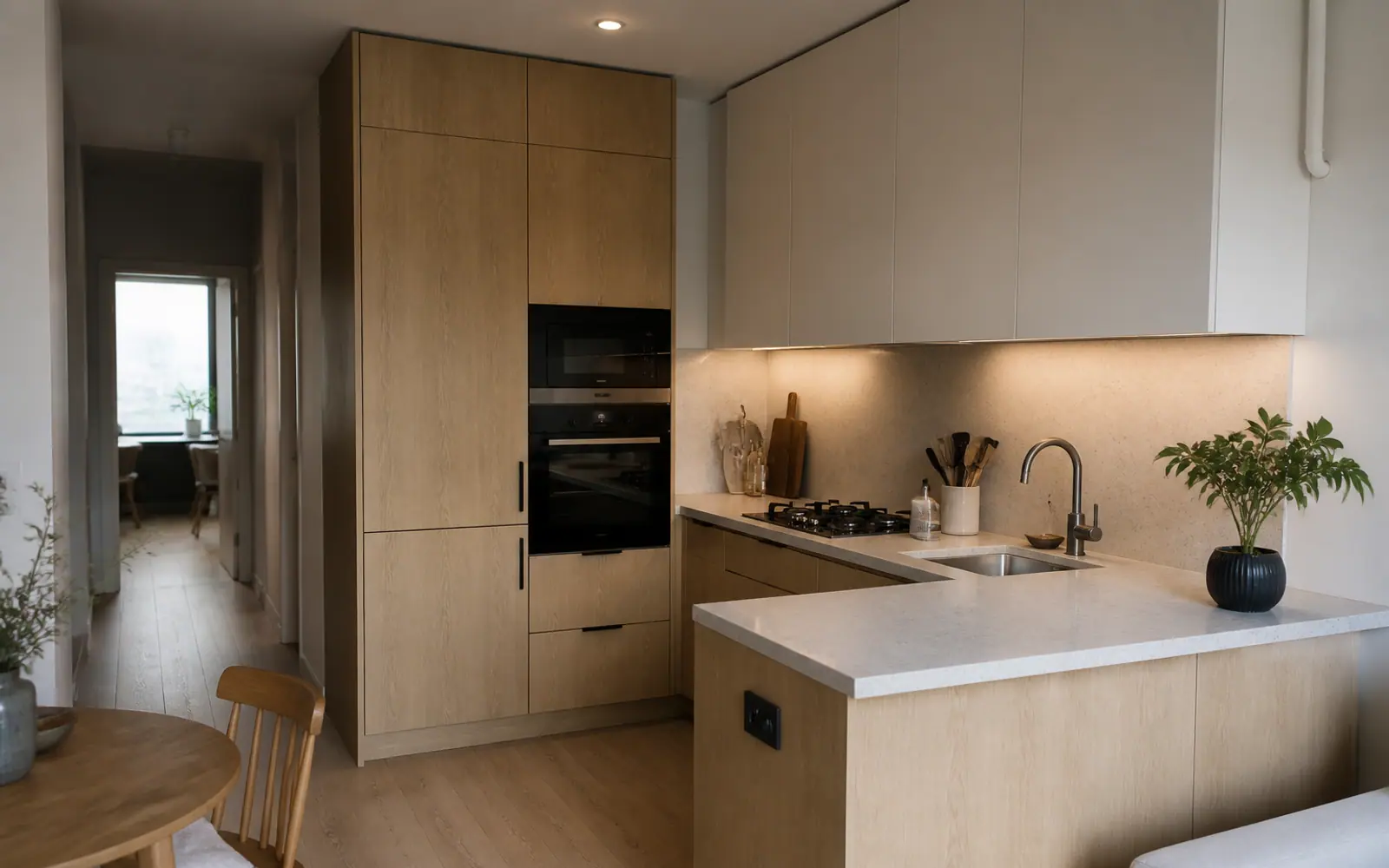 Концептуальная визуализация: светлая кухня с полуостровом GUSTAS HOME