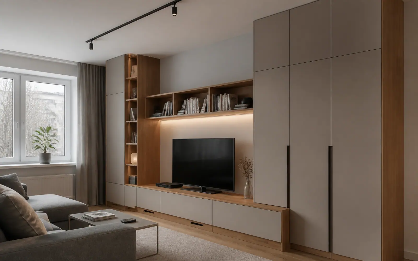 Концептуальная визуализация: гостиная с тв-зоной и хранением GUSTAS HOME
