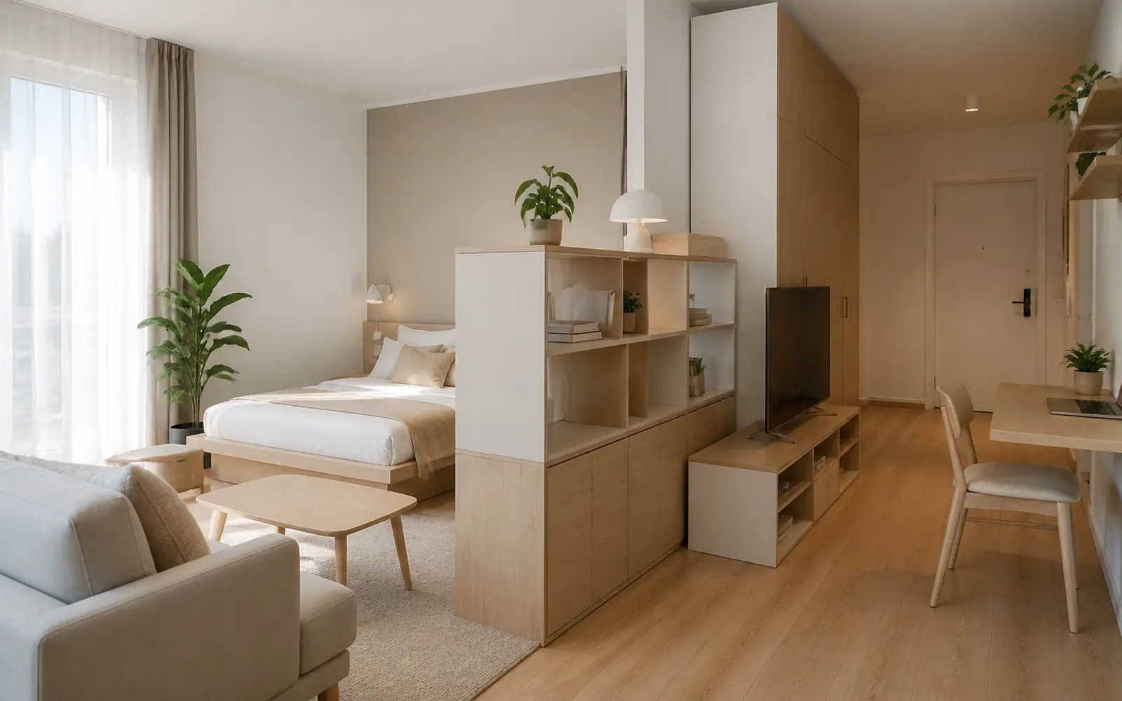 Проектная концепция: студия с мебельным зонированием GUSTAS HOME